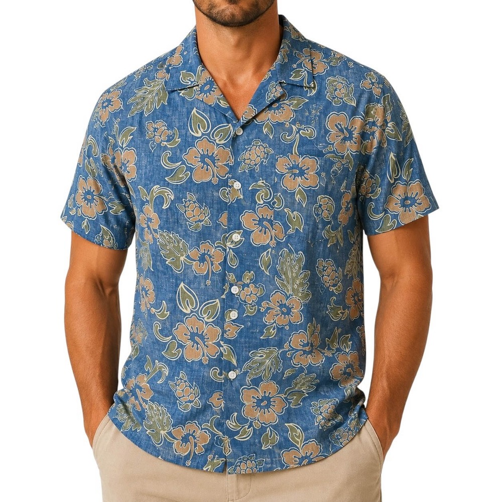 Paradise Style Hawaii Mens XL Blue Floral Turtle Aloha Hawaiian Shirt Made in HI